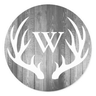 Rustic Deer Antlers Gray Barn Wood | Monogram Classic Round Sticker