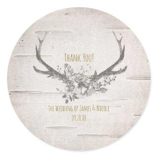 Rustic Deer Antlers & White Birch Vintage Wedding Classic Round Sticker
