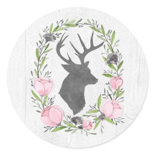 Rustic Deer Silhouette Floral Wreath Cameo on Wood Classic Round Sticker