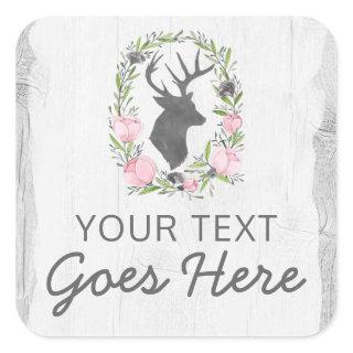 Rustic Deer Silhouette Floral Wreath Cameo on Wood Square Sticker