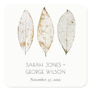 Rustic Elegant Dry Vein Gold Rust Leaves Wedding Square Sticker