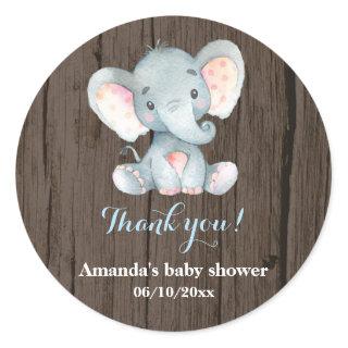 Rustic Elephant Baby Shower Blue Thank You Favor Classic Round Sticker