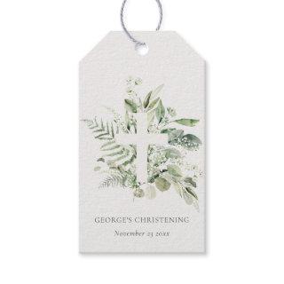 Rustic Eucalyptus Fern Foliage Cross Christening  Gift Tags