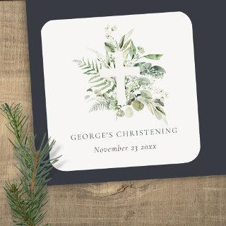 Rustic Eucalyptus Fern Foliage Cross Christening  Square Sticker