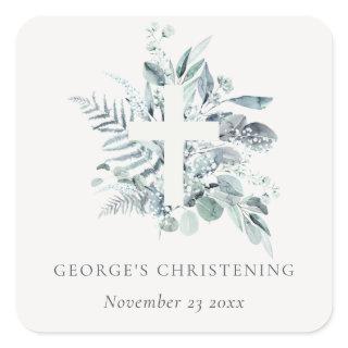 Rustic Eucalyptus Fern Foliage Cross Christening Square Sticker