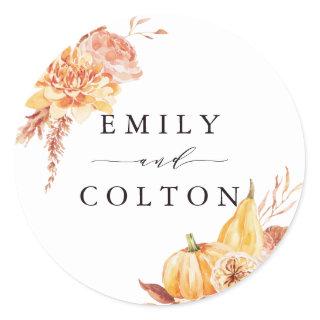 Rustic Fall Gold Floral Pumpkin Wedding Classic Round Sticker