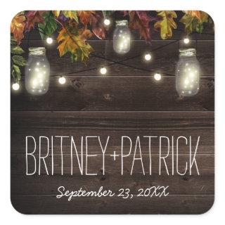Rustic Fall Leaf Firefly Mason Jar Wedding Favors Square Sticker