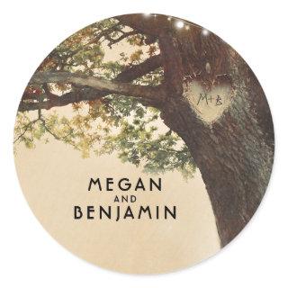 Rustic Fall Tree and String Lights Wedding Classic Round Sticker