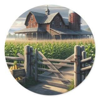 Rustic Farm House with a Cornfield Ai Art Classic Round Sticker