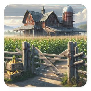 Rustic Farm House with a Cornfield Ai Art Square Sticker