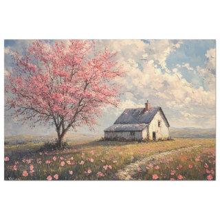 Rustic Farmstead with Flowering Tree Decoupage Tissue Paper