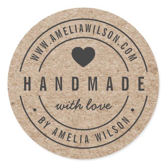 Rustic Faux Kraft Bold Handmade With Love Heart Classic Round Sticker