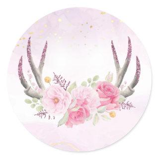 Rustic Floral Antlers Blush Pink & Gold Marble Classic Round Sticker