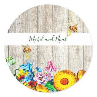 Rustic Floral Bees Eco Wedding Invitation Classic Round Sticker