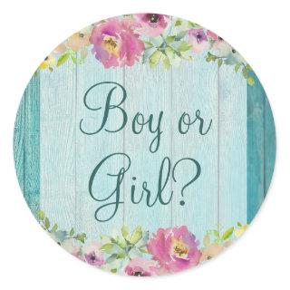Rustic Floral Blue Wood Gender Reveal Baby Shower Classic Round Sticker
