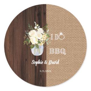 Rustic Floral Burlap Old Barn I DO Barbecue Classic Round Sticker