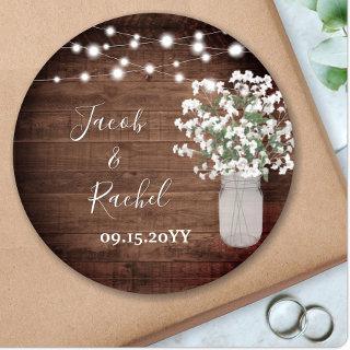 Rustic Floral Mason Jar & Lights Wedding Classic Round Sticker