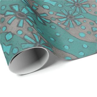 Rustic Flowers, Abstract Floral Pattern Teal Grey