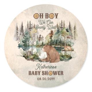 Rustic Forest Bearly Wait Baby Shower  Classic Round Sticker