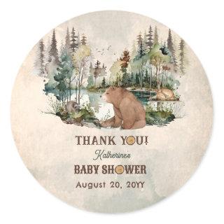 Rustic Forest Bearly Wait Baby Shower Thank You Classic Round Sticker