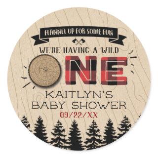 Rustic Forest Buffalo Plaid Wild One Baby Shower Classic Round Sticker