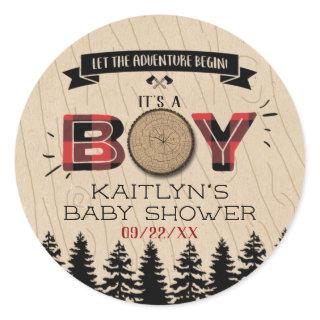 Rustic Forest Plaid Lumberjack Boys Baby Shower Classic Round Sticker