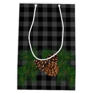Rustic gray black Plaid Pine-cone detail Medium Gift Bag