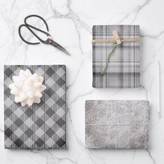 Rustic Gray Plaid and Three Matching Pattern Wrapp  Sheets