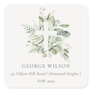 Rustic Green Eucalyptus Fern Foliage Cross Address Square Sticker