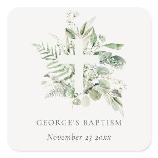 Rustic Green Eucalyptus Fern Foliage Cross Baptism Square Sticker