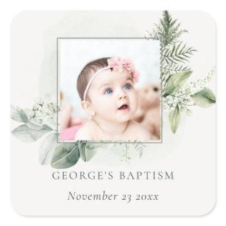 Rustic Green Eucalyptus Fern Foliage Photo Baptism Square Sticker