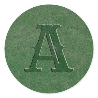 Rustic Green Leather Texture Monogram Initial Classic Round Sticker