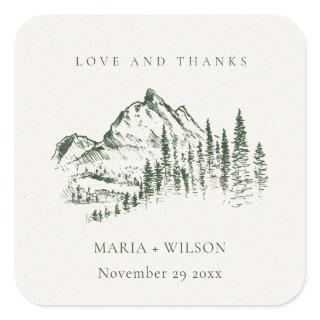 Rustic Green Pine Woods Mountain Sketch Wedding Square Sticker