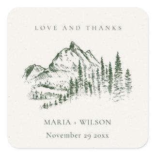 Rustic Green Pine Woods Mountain Sketch Wedding Square Sticker