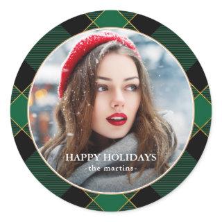 Rustic Green Plaid Faux Gold Photo Christmas Class Classic Round Sticker