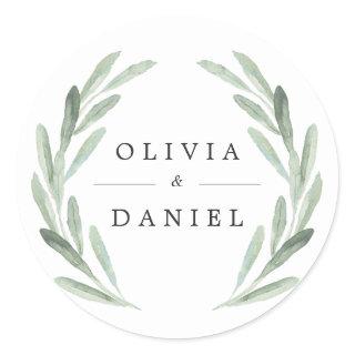 Rustic Green Watercolor Wreath Simple Wedding Classic Round Sticker