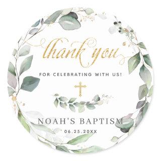 Rustic Greenery Wreath Gold Christening Thank You Classic Round Sticker