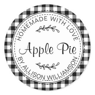 Rustic Homemade Apple Pie Black White Check Classic Round Sticker