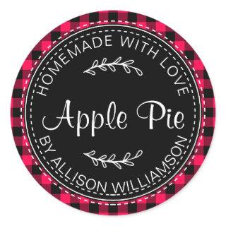 Rustic Homemade Apple Pie Bright Pink Black Plaid Classic Round Sticker