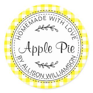 Rustic Homemade Apple Pie Bright Yellow Check Classic Round Sticker
