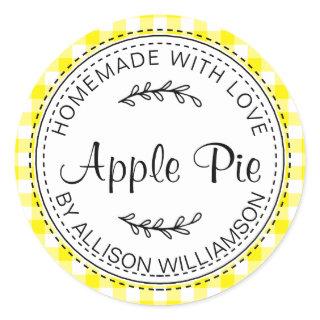 Rustic Homemade Apple Pie Bright Yellow Check Classic Round Sticker