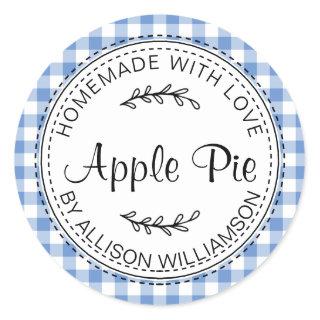 Rustic Homemade Apple Pie CornFlower Blue Check Classic Round Sticker