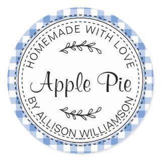 Rustic Homemade Apple Pie CornFlower Blue Check Classic Round Sticker