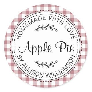 Rustic Homemade Apple Pie Dusty Rose Check Classic Round Sticker