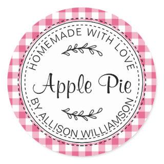Rustic Homemade Apple Pie Hot Pink Check Classic Round Sticker