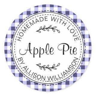 Rustic Homemade Apple Pie Navy Blue Check Classic Round Sticker
