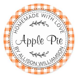 Rustic Homemade Apple Pie Vibrant Orange Check Classic Round Sticker