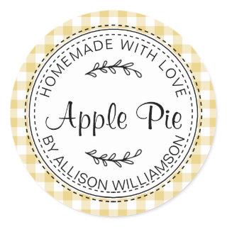 Rustic Homemade Apple Pie Yellow Check Classic Round Sticker