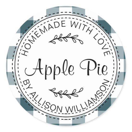 Rustic Homemade Baked Goods Apple Pie Blue Check Classic Round Sticker