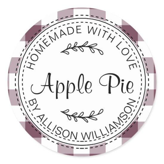 Rustic Homemade Baked Goods Apple Pie Purple Check Classic Round Sticker